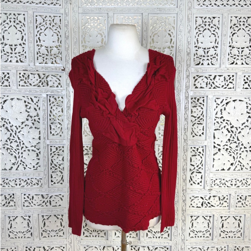 Vtg Y2K Red V Neck Ruffle Fitted Sweater Womens Medium Ribbed Twee Coquette